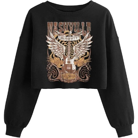 Tops - Women's Black 1 Sweatshirt Graphic Lantern Long Sleeve Pullover Crop Tops